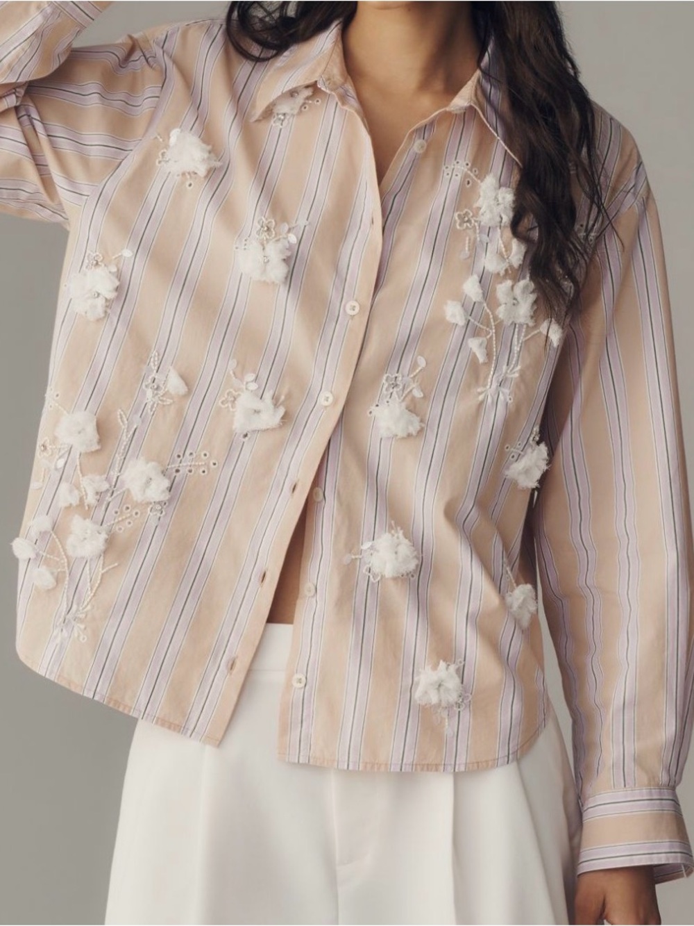 NWT Anthropologie Peach and White Striped Embroidered Button-Down Blouse - Picture 3 of 3